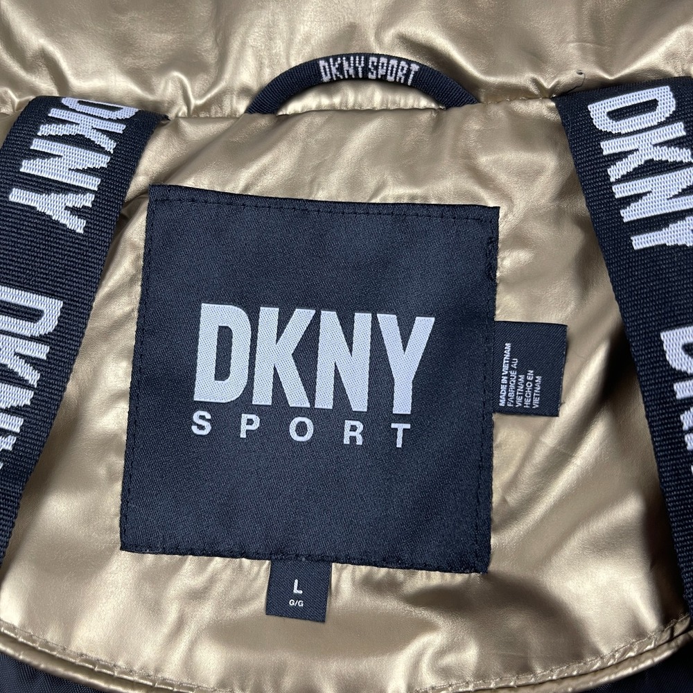 DKNY Sport Women's Puffer Jacket Large Metallic Gold Cropped Carrying Straps - Picture 13 of 14